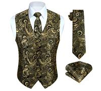HISDERN Gilet de fete pour hommes Paisley Gold Gilets Floral Jacquard Cravate Pocket Square Mouchoir Mariage Business Fit Vest Suit Set S