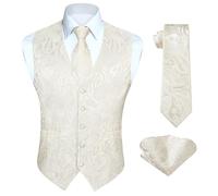 HISDERN Gilet Homme Paisley Gilet Costume et Cravate Poche Carré Ensemble Mariage Fête Affaires Beige S