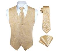 HISDERN Homme Gilet Costume Champagne Paisley Floral Jacquard Gilets Sans Manche Cravate Mouchoir Ensemble Party Wedding L