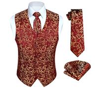 HISDERN Homme Gilet Costume Paisley Floral Jacquard Gilets Sans Manche Homme Cravate Poche Carre Mouchoir Gilets Bourgogne 4XL