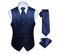 HISDERN hommes classique Paisley Floral jacquard gilet & cravate et gilet de poche gilet ensemble 4XL Bleu Marin