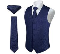 HISDERN hommes classique Paisley Floral jacquard gilet & cravate et gilet de poche gilet ensemble 5XL Bleu marine 1