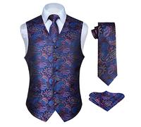 HISDERN hommes classique Paisley Floral jacquard gilet & cravate et gilet de poche gilet ensemble 6XL Bleu/Rose