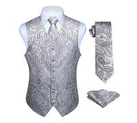 HISDERN hommes classique Paisley Floral jacquard gilet & cravate et gilet de poche gilet ensemble L Gris