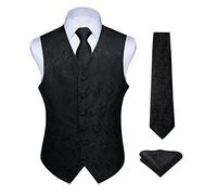 HISDERN hommes classique Paisley Floral jacquard gilet & cravate et gilet de poche gilet ensemble S Noir-2
