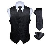 HISDERN hommes classique Paisley Floral jacquard gilet & cravate et gilet de poche gilet ensemble S Noir