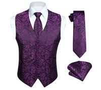 HISDERN Hommes Classique Paisley Floral Jacquard Gilet & Cravate et Gilet de Poche Gilet Ensemble, Violet / Noir, 3XL