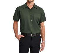 HISDERN Mens Short Sleeve Shirts Dark Green Bamboo Shirts for Men Non Iron Casual Button Down Shirt with Pocket for Work Office 4XL