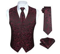 HISDERN Noir Rouge Gilet Costume Hommes Paisley Floral Jacquard Cravate Poche Carré Mariage Fête Business Fit Gilet Costume Ensemble,4XL,Noir & Rouge-N