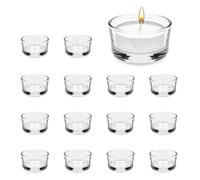 Hisdricus - Bougeoir Verre - Porte-Bougies en Verre - Porte Bougie, Pack de 15, Bougeoirs Clairs Ø4,5 cm et H2,5 cm, Petits Porte-Bougies pour Mariage, Anniversaire, Fête, Décorations de Soirée