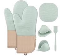 Hisdricus Ensemble de 6 Gants de Four, Gants et Maniques en Silicone, Maniques Cuisine Résistants à la Chaleur, Antidérapants, Gants de Cuisine pour la Cuisson, la Pâtisserie, Le Grillage (Vert)