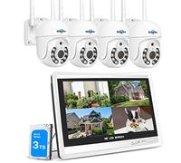 Hiseeu 【PTZ+3TB HDD】 5MP PTZ Kit Caméra de Surveillance WiFi avec 12" Moniteur 10CH 3To HDD NVR 4 PTZ Caméras Kit Vidéo Surveillance WiFi,Vision Nocturne Couleur,Détection de Mouvement,Audio 2 Voies