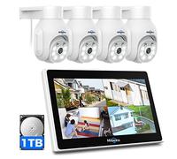 Hiseeu PTZ Kit Caméra de Surveillance WiFi avec 10" Moniteur, 10CH 5MP NVR 1TB HDD, 4X5MP PTZ Caméras,Vision Nocturne Couleur,Détection Humaine,Alarme Sonore Accès à Distance