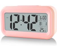 Hiseeyo Réveil numérique amélioré, Affichage LED de 4,3" avec température Plus Grande, contrôle de la lumière lound Calendrier de Snooze Portable Luminosité avec réveil à Piles Table de Chevet (Rose)