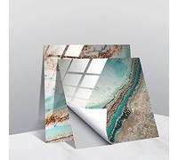 Hiseng 10 Pièces Marbre Stickers Adhésive Décorative à Carreaux pour Salle de Bains et Cuisine Stickers Carrelage, Hiser Mosaïque Imperméables Auto-adhésifs Décoration (Marbre Turquoise,10x10cm)