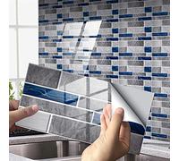 Hiseng 24/48 Pièces Rectangle Adhésive Décorative à Carreaux pour Salle de Bains et Cuisine Stickers Carrelage, Motif Marbre Mosaïque Imperméables 3D Adhésive Décoration (Bleu Gris,48Pièces)