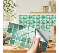 Hiseng 24/48 Pièces Rectangle Adhésive Décorative à Carreaux pour Salle de Bains et Cuisine Stickers Carrelage, Motif Marbre Mosaïque Imperméables Adhésive Décoration (Vert Mosaïque,24Pièces)