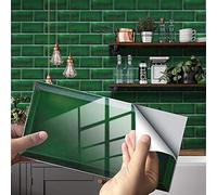 Hiseng 24/48 Pièces Rectangle Adhésive Décorative à Carreaux pour Salle de Bains et Cuisine Stickers Carrelage, Motif Marbre Mosaïque Imperméables 3D Adhésive Décoration (Vert foncé,48Pièces)