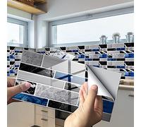 Hiseng 24/48 Pièces Rectangle Adhésive Décorative à Carreaux pour Salle de Bains et Cuisine Stickers Carrelage, Motif Marbre Mosaïque Imperméables Adhésive Décoration (Bleu Gris,48Pièces)