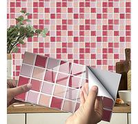 Hiseng 24/48 Pièces Rectangle Adhésive Décorative à Carreaux pour Salle de Bains et Cuisine Stickers Carrelage, Motif Marbre Mosaïque Imperméables Adhésive Décoration (Rose Mosaïque,48Pièces)