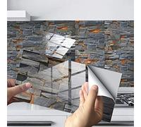 Hiseng 24/48 Pièces Rectangle Adhésive Décorative à Carreaux pour Salle de Bains et Cuisine Stickers Carrelage, Motif Marbre Mosaïque Imperméables 3D Adhésive Décoration (Gris foncé,48Pièces)