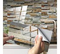Hiseng 24/48 Pièces Rectangle Adhésive Décorative à Carreaux pour Salle de Bains et Cuisine Stickers Carrelage, Motif Marbre Mosaïque Imperméables 3D Adhésive Décoration (Kaki Marbre,48Pièces)