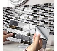 Hiseng 24/48 Pièces Rectangle Adhésive Décorative à Carreaux pour Salle de Bains et Cuisine Stickers Carrelage, Motif Marbre Mosaïque Imperméables Adhésive Décoration (Gris noir1,24Pièces)