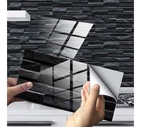 Hiseng 24/48 Pièces Rectangle Adhésive Décorative à Carreaux pour Salle de Bains et Cuisine Stickers Carrelage, Motif Marbre Mosaïque Imperméables 3D Adhésive Décoration (Noir Marbre,48Pièces)