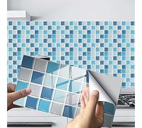 Hiseng 24/48 Pièces Rectangle Adhésive Décorative à Carreaux pour Salle de Bains et Cuisine Stickers Carrelage, Motif Marbre Mosaïque Imperméables Adhésive Décoration (Bleu Mosaïque,24Pièces)