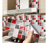 Hiseng 24/48 Pièces Rectangle Adhésive Décorative à Carreaux pour Salle de Bains et Cuisine Stickers Carrelage, Motif Marbre Mosaïque Imperméables Adhésive Décoration (Rouge Mosaïque,48Pièces)
