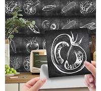 Hiseng 24 Pièces Stickers Muraux Autocollants pour Carrelage en Céramique et Marbre, Salle de Bains et Cuisine Stickers, Noir Cuisson Style Imperméables Auto-adhésifs (15x15cm,Légume)