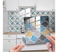 Hiseng 25 Pièces Marbre Stickers Adhésive Décorative à Carreaux pour Salle de Bains et Cuisine Stickers Carrelage, Hiser Scales Mosaïque Imperméables Auto-adhésifs Décoration (Bleu Beige,15x15cm)