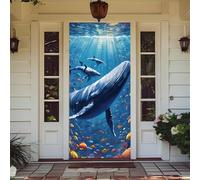 Hiseng Couverture de Porte de 3D Bannière de Porte de Motifs du Monde Océanique Bannière Toile de Fond de 3D pour Décoration de Vacances Hiver Intérieur (Baleine,90x210cm)