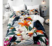 Hiseng Hiser Parure de Lit 2 Personne avec Housse de Couette en Microfibre et Taies d'oreiller 50 * 75cm - Ensemble de Literie 3 Pièces - 3D Toucan Plante Imprimé (Toucan Noir,180x220cm)