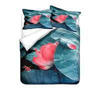 Hiseng Hiser Parure de Lit 2 Personne avec Housse de Couette en Microfibre et Taies d'oreiller 50 * 75cm - Ensemble de Literie 3 Pièces - 3D Lotus Fleur Imprimé (Turquoise,220x240cm)