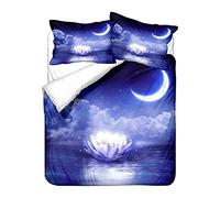 Hiseng Hiser Parure de Lit 2 Personne avec Housse de Couette en Microfibre et Taies d'oreiller 50 * 75cm - Ensemble de Literie 3 Pièces - 3D Lotus Fleur Imprimé (Lune Marine,200x200cm)