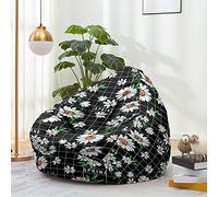 Hiseng Housse Pouf Poire Vide S M L XL XXL, Imprimé Marguerite Housse de Pouf Poire sans Remplissage Poire pour Enfants Adultes Tissus Lavables pour Salon Chambre (Noir,90x110cm)