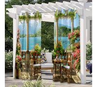 Hiseng Impermeable Rideau Exterieur, 3D Terrasse Rideau Occultant Pergola Jardin Exterieur Rideaux 2-Pièces Terrasse Rideaux pour Pergola Porche, Oeillets en Haut (Jardin,137x203cm)