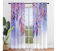 Hiseng Lot de 2 Rideaux Voilage à Oeillets, Attrape-rêves 3D Semi-Transparent Voile Décoration de Fenêtre Salle de Bain Balcon Chambre Salon Cuisine, Tulle 2 Panneaux (132x244cm,Violet)