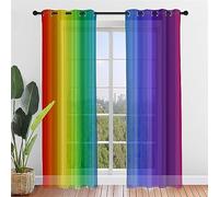 Hiseng Lot de 2 Rideaux Voilage à Oeillets, Semi-Transparent Effet Voile Décoration de Fenêtre Salle de Bain Chambre Salon Cuisine, Arc en Ciel Élégant Tulle 2 Panneaux (140x244cm,Pente)