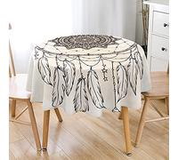 Hiseng Nappe de Table Ronde en Polyester Imperméable avec Imprimée Attrape-rêves Mandala 3D, Nappe Anti-Taches Lavable pour Décoration de Table de Cuisine Jardin (Beige,120cm)