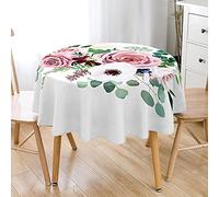 Hiseng Nappe de Table Ronde Imperméable Anti Tache, Nappe en Polyester Lavable Imprimé Rose Fleurie 3D pour Décoration de Table à Manger de Cuisine, Jardin ou Pique-Nique (120cm,Blanc)