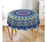 Hiseng Nappe de Table Ronde Imperméable Boho Multicolore, Nappes Imprimée Mandala Exotique Tissu Polyester Anti-Taches Lavable pour Décoration de Table de Cuisine Jardin (Mosaïque Bleue,120cm)