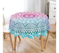 Hiseng Nappe de Table Ronde Imperméable Boho Multicolore, Nappes Imprimée Mandala Exotique Tissu Polyester Anti-Taches Lavable pour Décoration de Table de Cuisine Jardin (Rose Bleu,180cm)