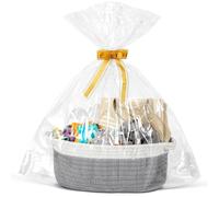 Hiseng Panier Cadeau Vide, Panier de Rangement Tissé en Corde Coton avec Sachet en Cellophane et Ruban, Panier Pliable avec Poignées pour Cadeaux de NoëL, Fleurs, Serviettes (Gris,1)