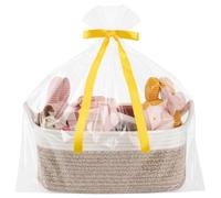 Hiseng Panier Cadeau Vide, Panier de Rangement Tissé en Corde Coton avec Sachet en Cellophane et Ruban, Grand Panier avec Poignées pour Cadeaux de NoëL, Fleurs, Serviettes (Marron)