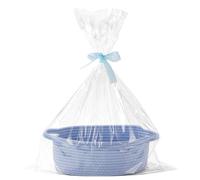 Hiseng Panier Cadeau Vide, Panier de Rangement Tissé en Corde de Coton avec Sacs cadeaux Transparent et Ruban, Panier Vide avec Poignées pour Cadeaux de NoëL, Fleurs, Artisanat (Bleu Clair)