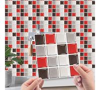 Hiseng Rectangle Adhésive Décorative à Carreaux pour Salle de Bains et Cuisine Stickers Carrelage, Motif de Mosaïque 3D Marbre Imperméables Adhésive Décoration, 10x10cm (Rouge,10Pièces)