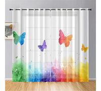 Hiseng Rideau Salon Rideaux Voilage 2 Pièces, Voilages Intérieurs Semi-Transparent Effet Voile, Rideaux Imprimé Papillon 3D pour Porte Cuisine Chambre Fenetre (80x115cm,Papillon Arc-en-Ciel)