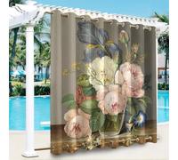 Hiseng Rideaux Extérieur Imperméable Œillets Haut et Bas, Motif Fleur 3D Rideau Occultant Thermique Isolant Exterieur 1 Pièce pour Jardin Pergola Cabane Terrasse (Style Vintage A,132x243cm)